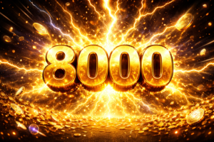 Glowing 8000 surrounded by golden sparks